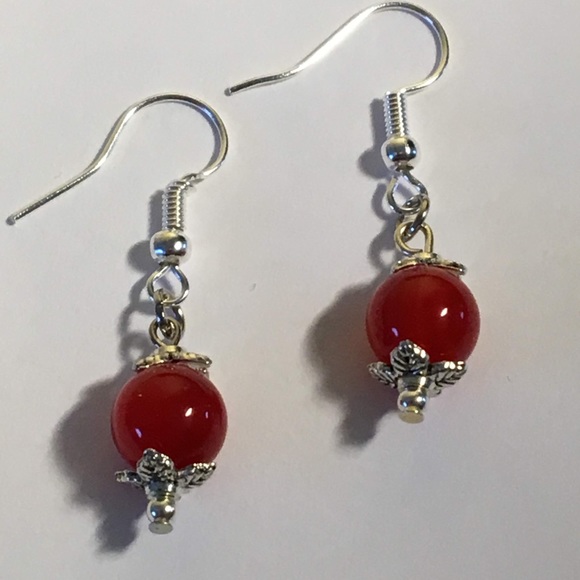 Red Orange Stripe Agate Small Drop Earrings - Picture 4 of 8